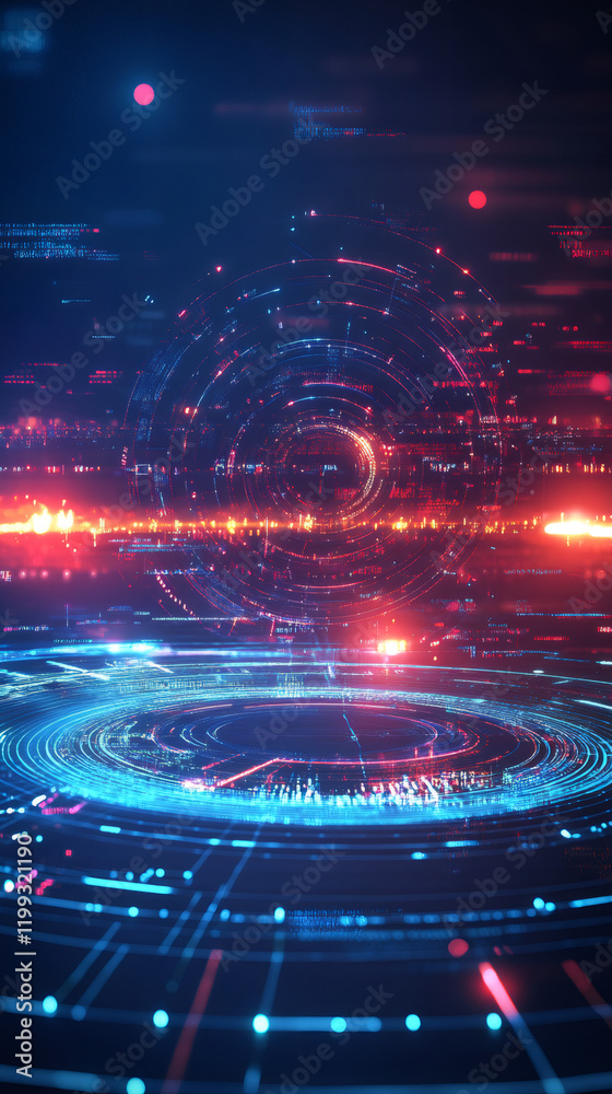 Poster Circular holographic heads-up display visualizing data and information in a futuristic digital environment, perfect for technology and innovation concepts