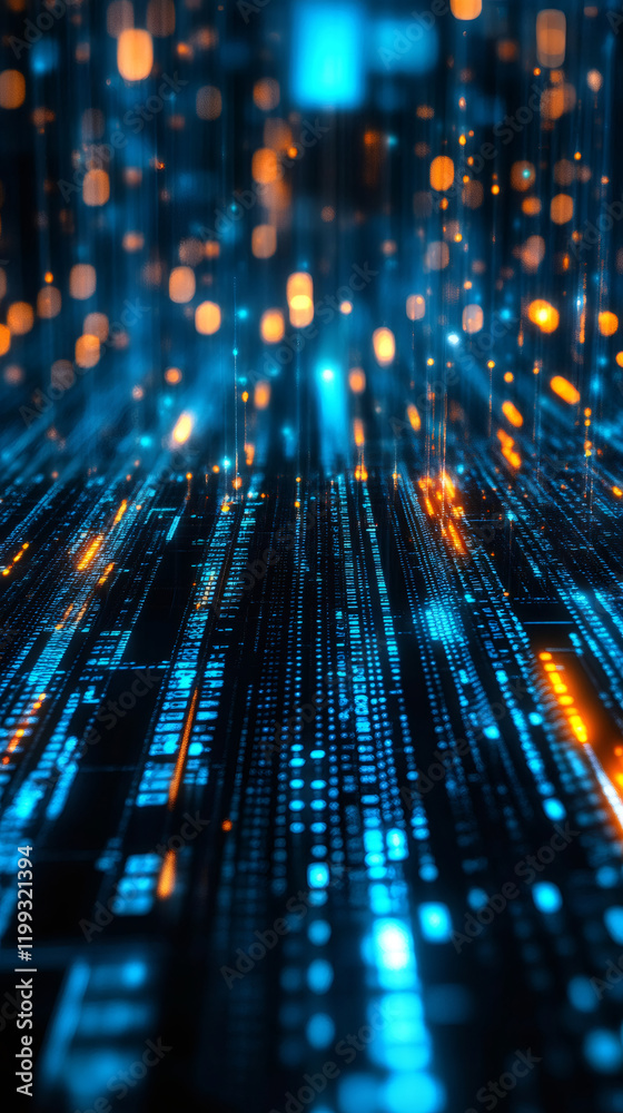 Poster Digital data stream cascading over matrix code, generating high-tech virtual visualization