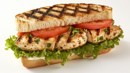 A grilled chicken sandwich with fresh lettuce and tomato, beautifully displayed on a white background,