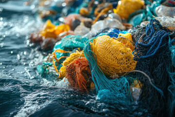 Colorful plastic waste and frayed fishing nets float on water, illustrating the significant marine pollution challenge encountered in coastal areas contaminated by human activity.