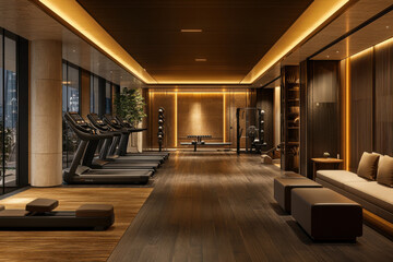 This luxury fitness center showcases a stylish interior with plush decor, featuring modern exercise equipment and a calm atmosphere ideal for a refreshing workout session.