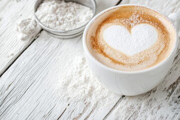 Delicious cappuccino with heart latte art on a bright wooden table in a cozy setting