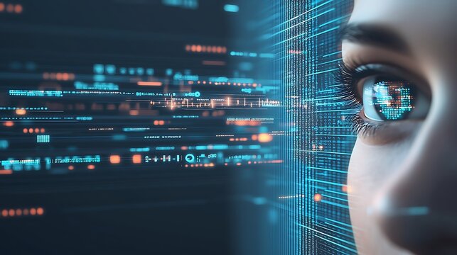 Macro shot of an eye with reflections of colorful coding symbols and linear programming patterns in a dynamic glow