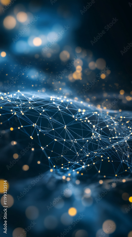 Leinwandbilder luminous digital network expanding spherically, interconnecting glowing nodes with blurred backgroun