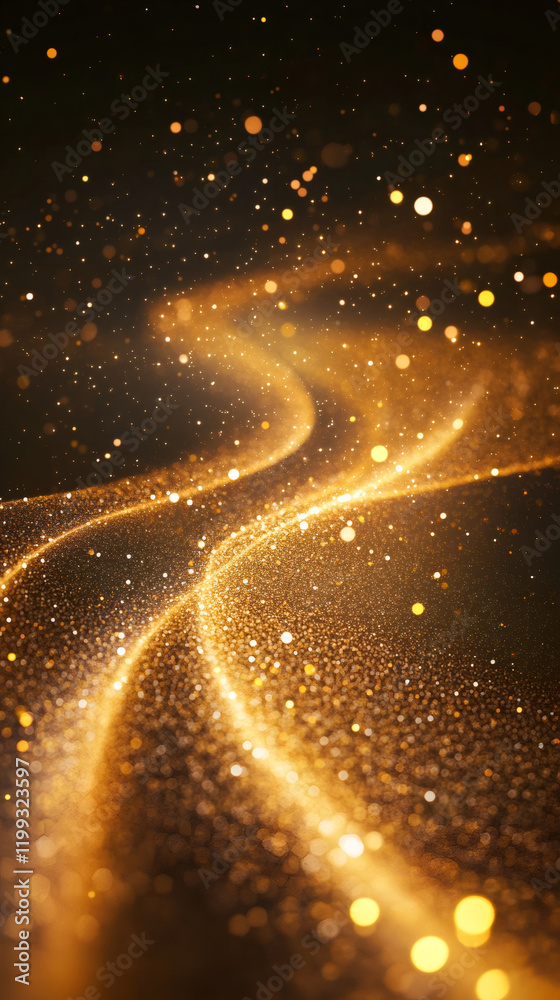 Poster Abstract golden particles swirling on a dark background, creating a magical bokeh effect with sparkling lights