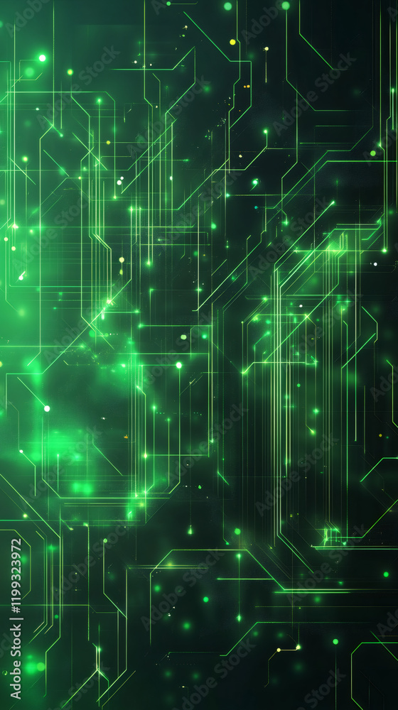 Poster Digital network revealing interconnected data streams through luminescent green lines, visualizing complex technological communication pathways