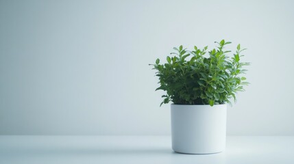 Minimalist indoor plant in a white pot on a light surface with copy space