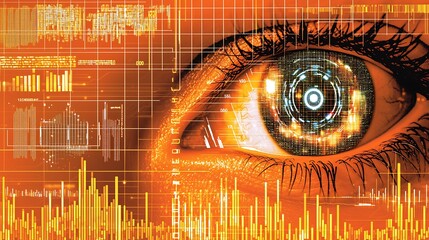 Close-up of an AI-themed eye with intricate holographic data charts and codes glowing in vibrant detail