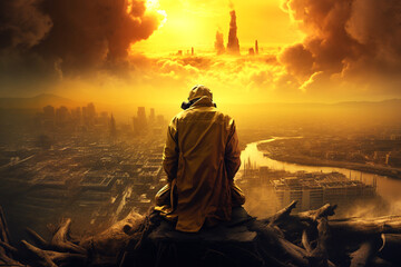 Obraz premium A man wearing a gas mask stands in front of a dramatic nuclear explosion, symbolizing the devastation of war and the dangers of radioactive fallout