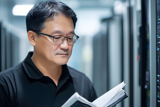 Focused Asian Man Reading Documents in Modern Data Center Server Room Professional IT Specialist Carefully Reviewing Information Technology Infrastructure      