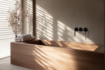 Fototapeta premium Wooden Freestanding Bathtub Modern Minimalist Bathroom Design