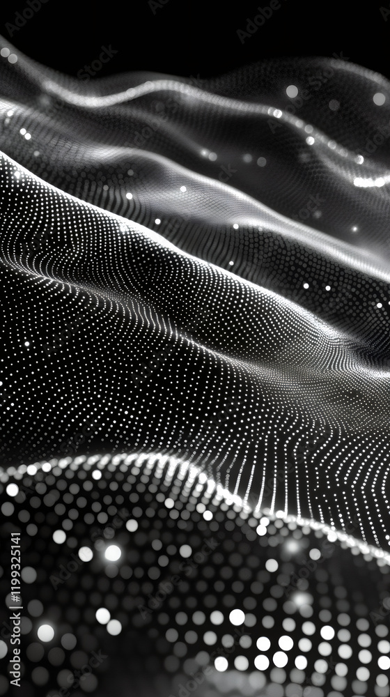 Fototapete abstract wave particles are flowing on a black background, creating a futuristic and technological l