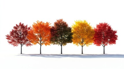 Fototapeta premium Five trees displaying varied autumn colors against a stark white background