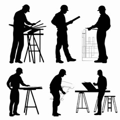 10 black simple silhouette depictions of humans performing various professional activities on a white background