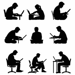 10 black simple silhouette depictions of humans performing various professional activities on a white background