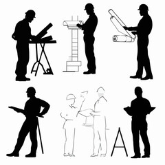 10 black simple silhouette depictions of humans performing various professional activities on a white background