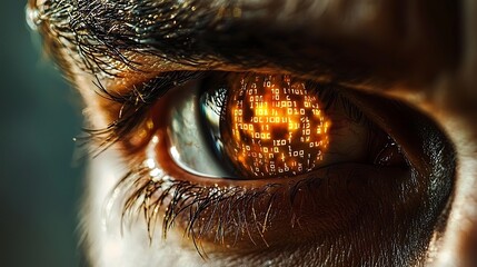Advanced tech-inspired eye with vibrant holographic binary numbers glowing in multiple colors