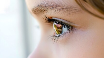 Artistic macro view of a glowing eye with reflections of vivid binary patterns in a holographic style