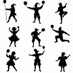 10 black simple silhouette depictions of humans performing various professional activities on a white background