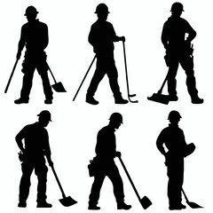 10 black simple silhouette depictions of humans performing various professional activities on a white background