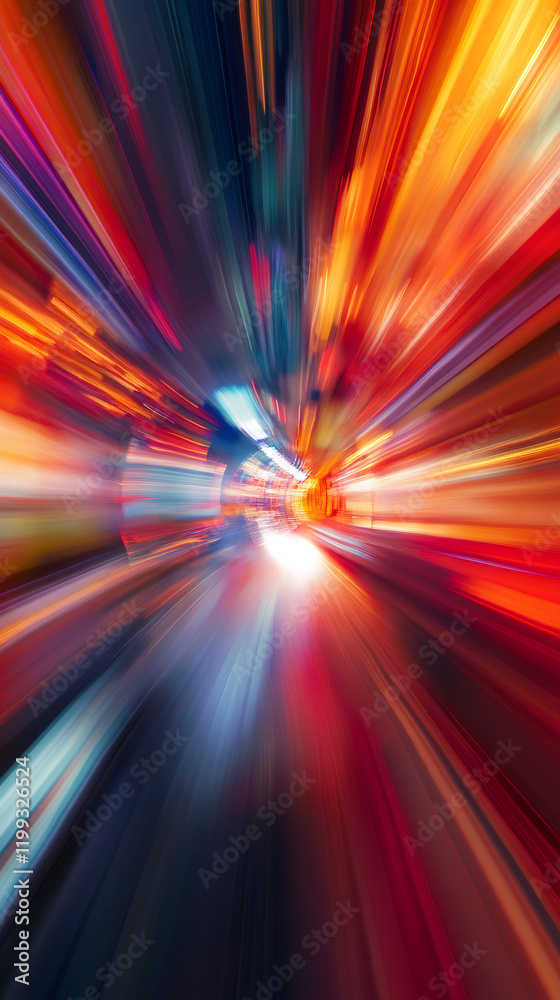 Poster Abstract colorful light trails background with motion blur effect simulating fast movement in a tunnel