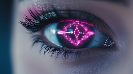Artistic macro image of an eye glowing with neon patterns, mimicking AI and digital programming codes