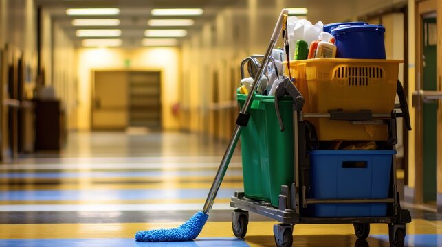 Cleaning Supplies Cart in a School Hallway