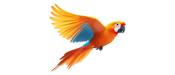 Obraz premium [Vibrant yellow and red parrot in flight against black background] Vibrant Yellow Parrot Soars Against Black Background In Mid-Flight