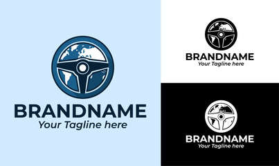 Modern Globe and Steering Wheel Logo Design Template for Taxi Ride Hailing and Travel Services