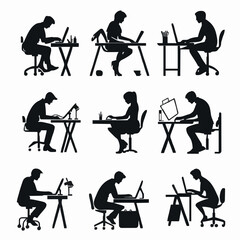 10 black simple silhouette depictions of humans performing various professional activities on a white background