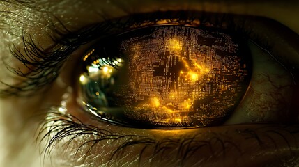 Obraz premium Macro view of an abstract eye illuminated by neon lights, reflecting intricate AI and code-inspired patterns