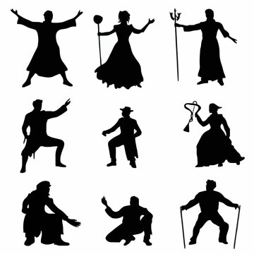 10 black simple silhouette depictions of humans performing various professional activities on a white background