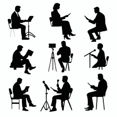 10 black simple silhouette depictions of humans performing various professional activities on a white background