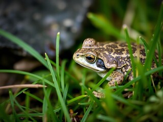 Obraz premium Close up photo of a toad camouflaged in lush green grass in Sweden, reptile, wildlife