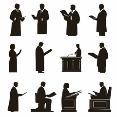 10 black simple silhouette depictions of humans performing various professional activities on a white background