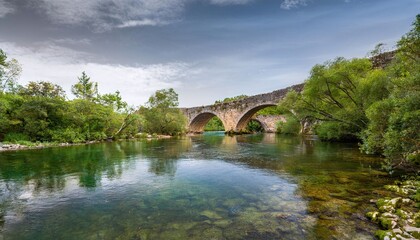 Fototapeta premium River Flowing Through Forest with Old Bridge