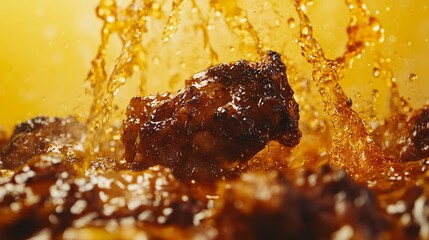 Fototapeta premium Close-up of jerk chicken on a yellow background, highlighting the spicy, aromatic flavors of Caribbean food.