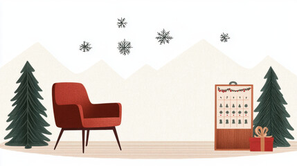 Fototapeta premium A cozy winter scene featuring a red chair, a calendar, and Christmas decorations amidst snowy mountains and evergreen trees.