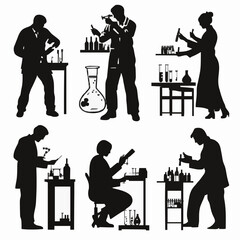 10 black simple silhouette depictions of humans performing various professional activities on a white background