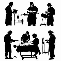 10 black simple silhouette depictions of humans performing various professional activities on a white background