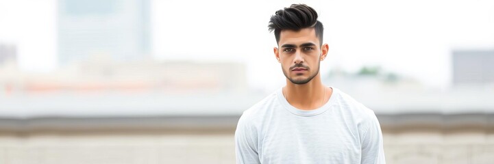 Fototapeta premium Attractive young man with dark hair and a modern hairstyle wearing casual clothes posing outdoors, handsome, contemporary, man