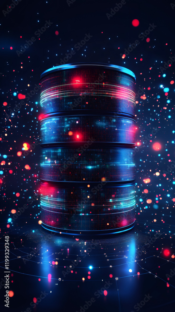 Poster Futuristic database emitting colorful lights and particles, standing on a dark surface with connections, representing data storage and processing