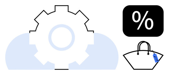 Black gear superimposed on light blue cloud, black percentage sign on black square, and white handbag with blue price tag. Ideal for online shopping, discounts, sales, commerce, cloud services