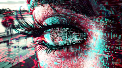 Close-up of a highly stylized eye surrounded by glowing reflections of 3D codes and digital virtual elements