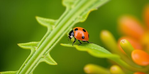 Beautiful ladybug resting delicately on a vibrant green leaf with a soft defocused background, colorful, composition, natural
