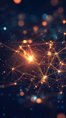 Fototapeta premium Bright orange digital network connecting polygonal nodes, glimmering against shadowy backdrop