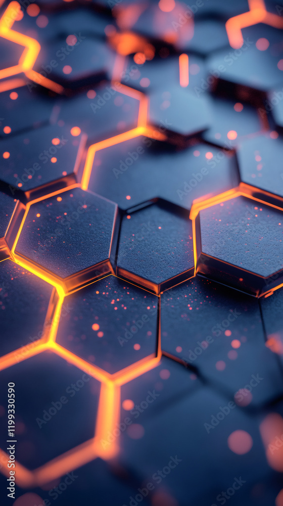 Poster abstract background showing glowing hexagons forming a futuristic surface with shallow depth of fiel