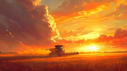Fototapeta premium Harvester Working Sunset Golden Field Landscape