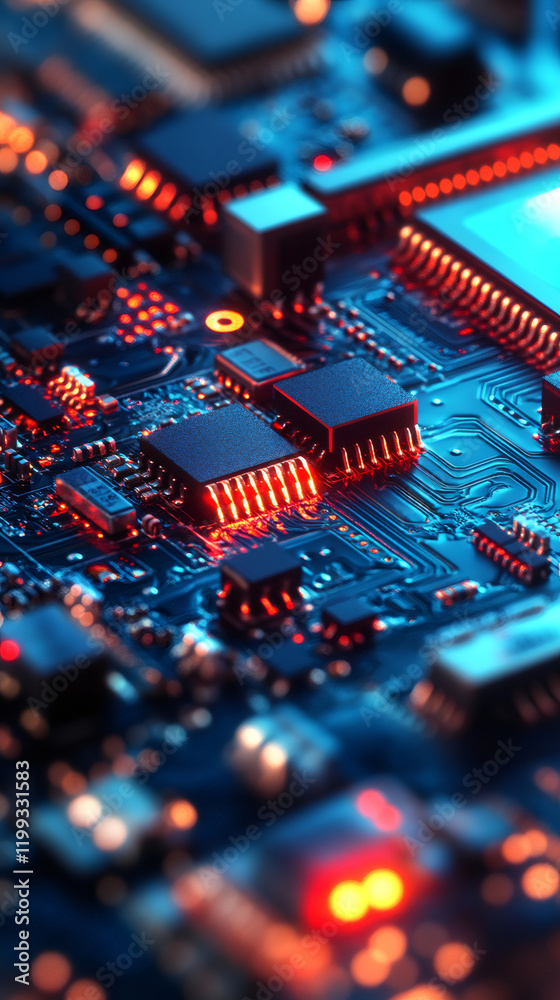 Fototapete close-up of an electronic circuit board with glowing components, symbolizing advanced computer techn