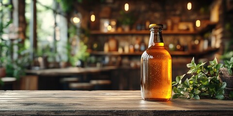 Amber Ale Bottle on Rustic Wooden Bar Top